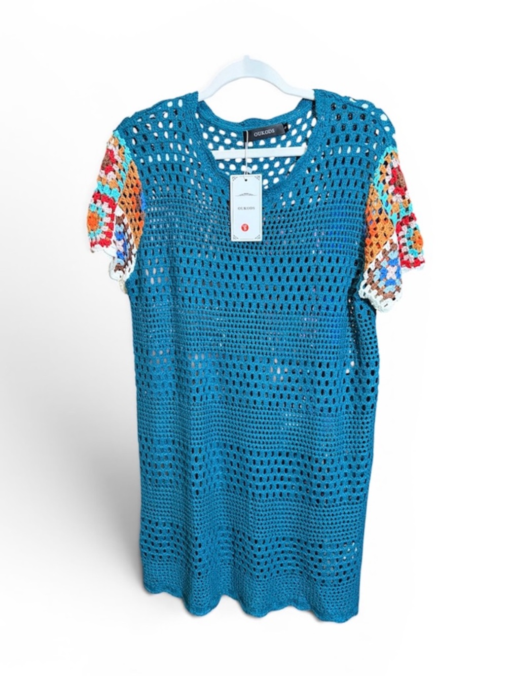 Granny Square Crochet Tunic Dress in Teal with Multicolor Sleeves
